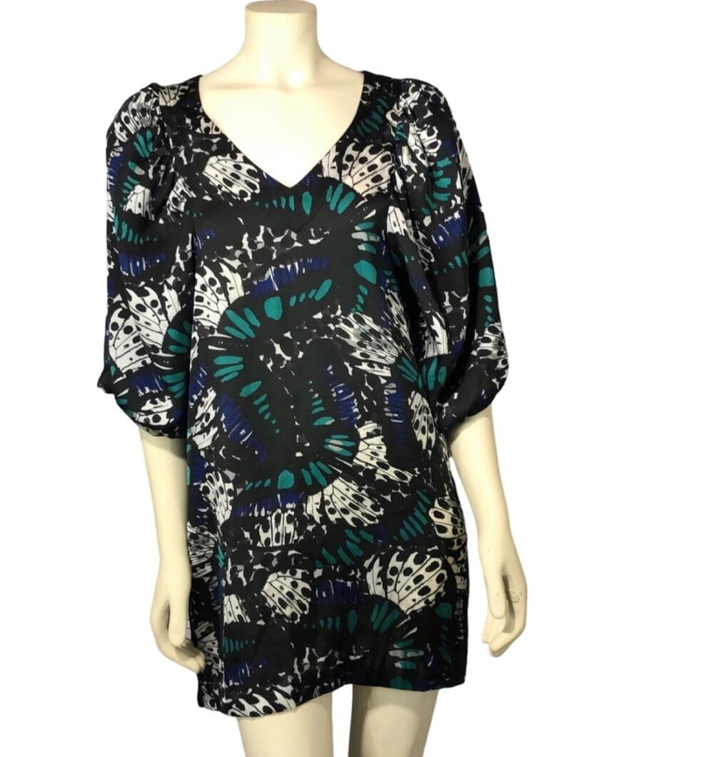 BCBG generation sheath dress, balloon sleeves in black with green, blue size 6